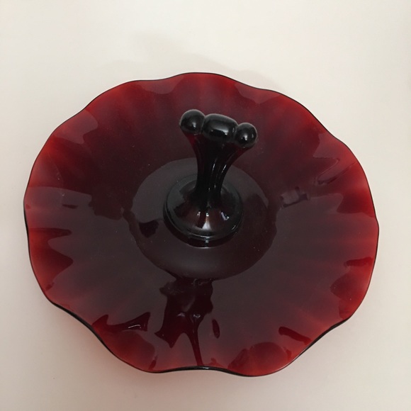 Vintage art Deco Cranberry Glass Candy Dish Wavy Edging with Handle Trinket Tray - Picture 6 of 11
